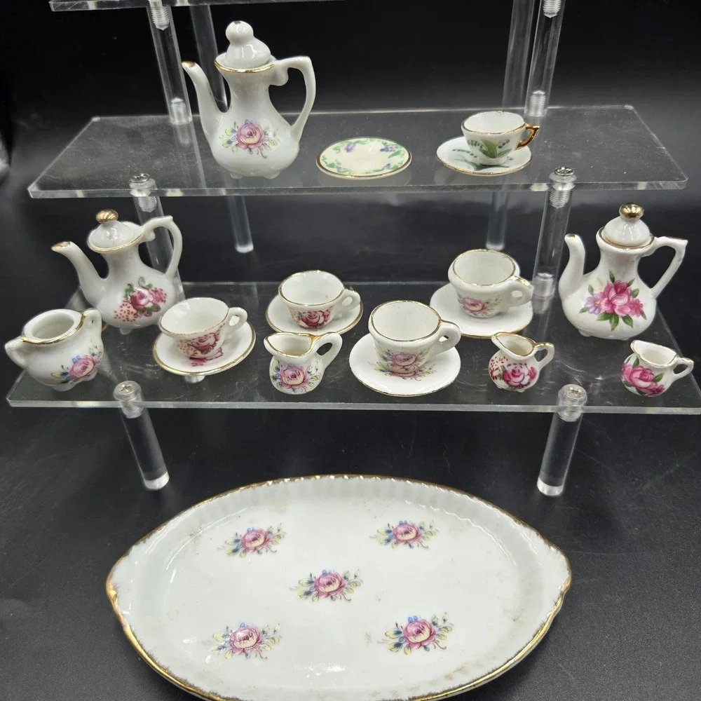 Vtg Miniature Ceramic Tea Set 22pc Pink Floral Rose w Gold Trim EXC Super Tiny